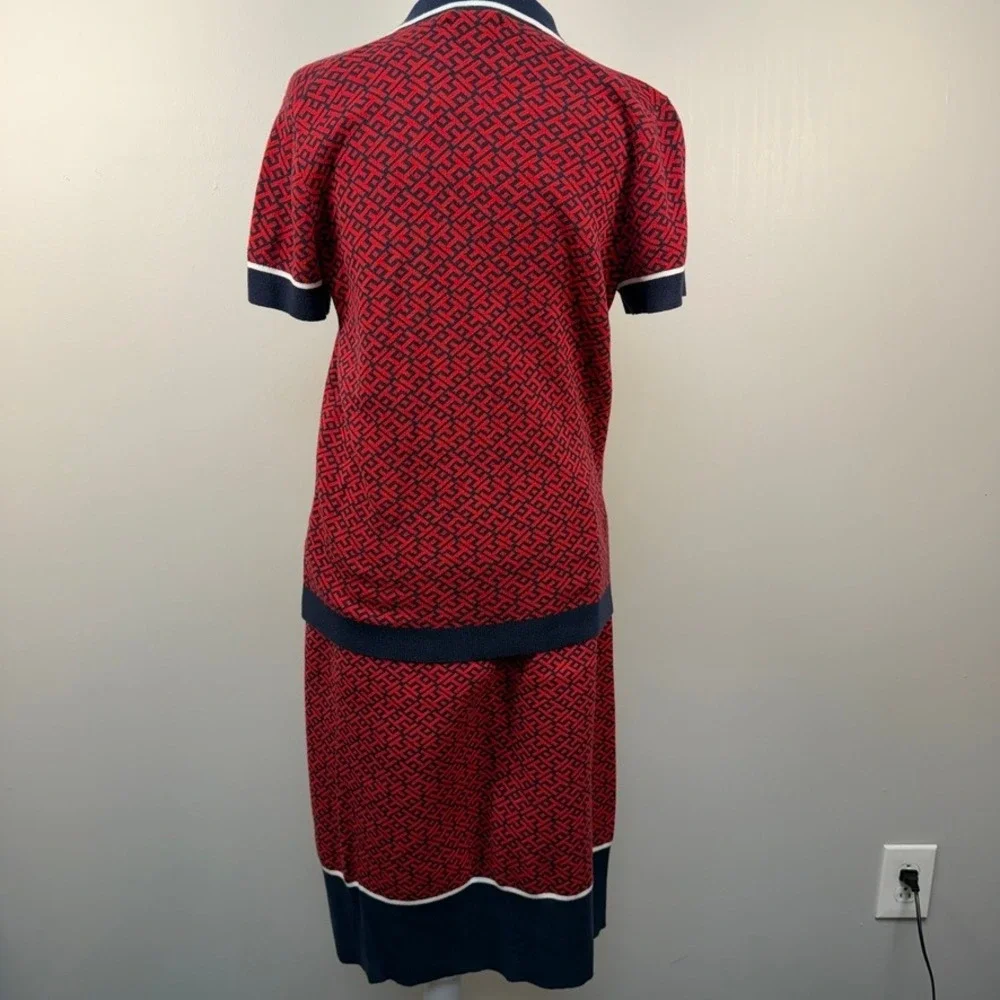 Tommy Hilfiger Knit Polo Top and Skirt Set Red Navy Geometric Preppy‎ Medium